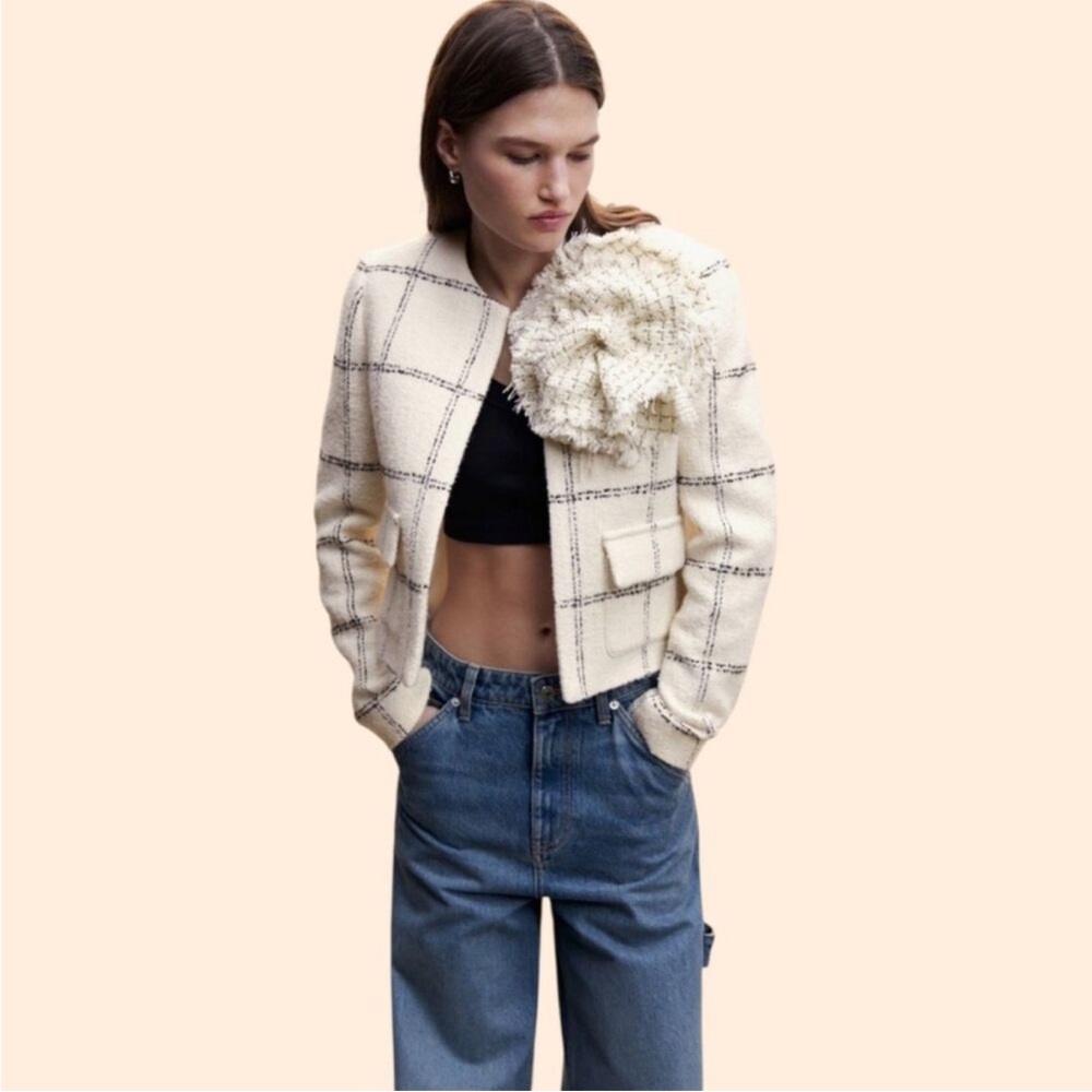 Mango Cream and Black Plaid Women's Blazer